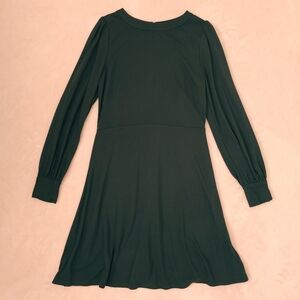 LOFT Dark Green Button Long Sleeve Knee Length Zip Back A-Line Dress